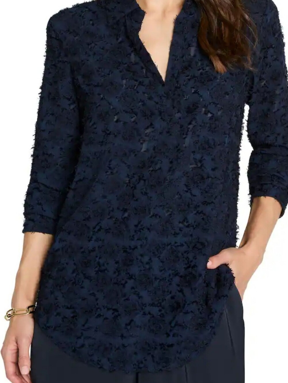 NWOT - NIC+ZOE Navy Burnout Fabric Split Neck Top - Petite Large